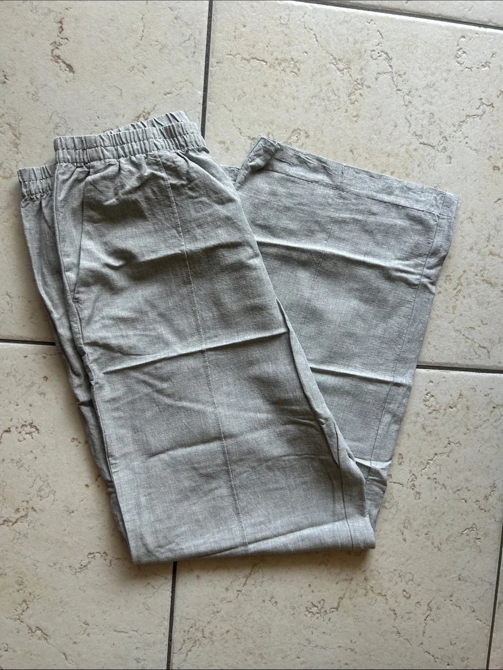 H&M Womens Linen-Blend Elastic Waist Pants — Light Gray